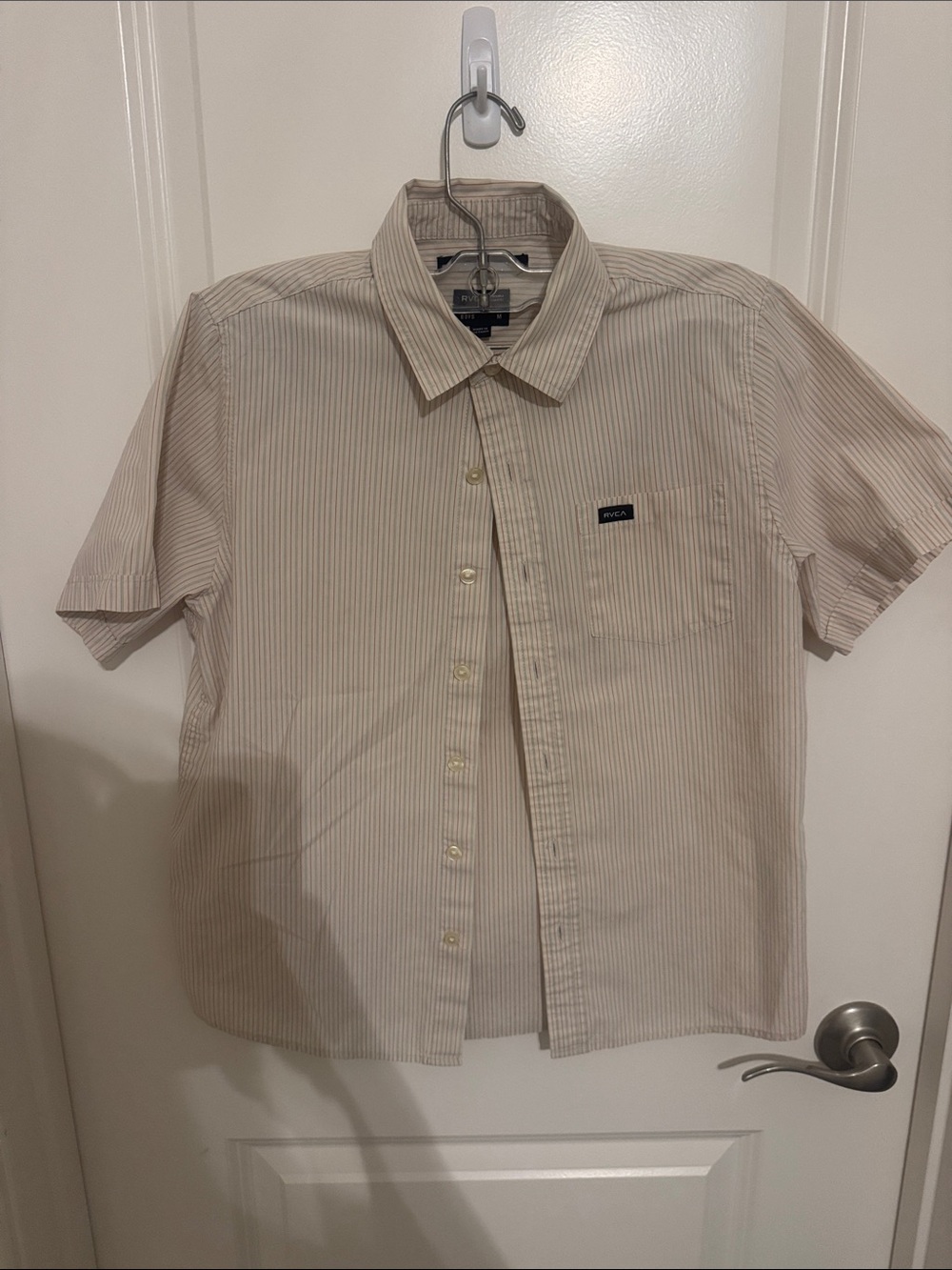 RVCA Tan and White Pinstripe Short-Sleeve Button-Down Shirt